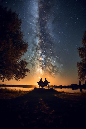 Silhouette of couple sitting on a bench under the milky wayの素材
