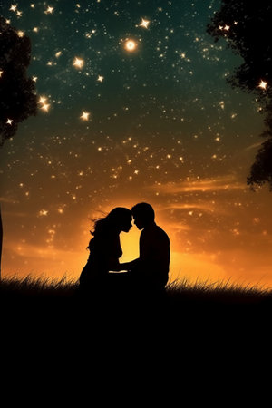 Silhouette of a loving couple sitting on grass in front of starry skyの素材