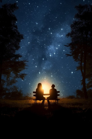 Silhouette of couple sitting on bench under starry sky.の素材