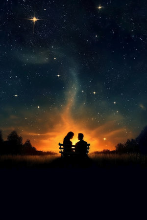 Silhouette of a loving couple sitting on a bench under a starry skyの素材