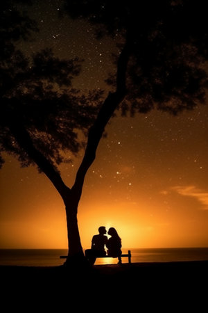 Silhouette of a couple sitting under a tree on the beach at nightの素材