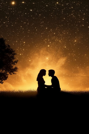 Silhouette of a loving couple sitting on the grass under the starry skyの素材