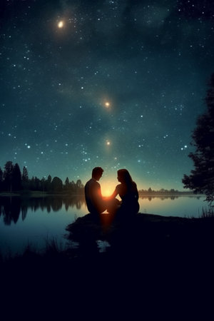 Couple in love sitting on the shore of the lake and looking at the starry skyの素材