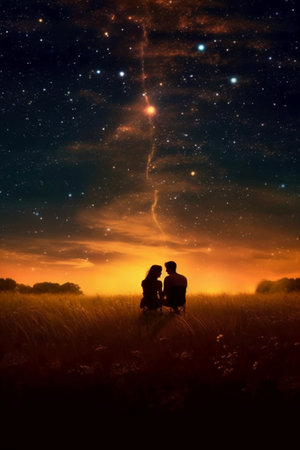 Silhouette of a young couple in love on the background of the starry skyの素材