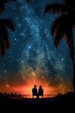 Silhouette of a couple sitting on a bench under a starry skyの素材
