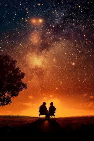 Silhouette of couple sitting on bench and looking at starry skyの素材