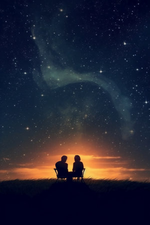 Silhouette of a man and a woman sitting on a bench against the background of the starry sky.の素材