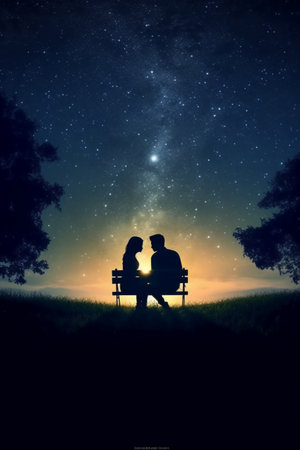 Silhouette of loving couple sitting on bench at night with starry skyの素材