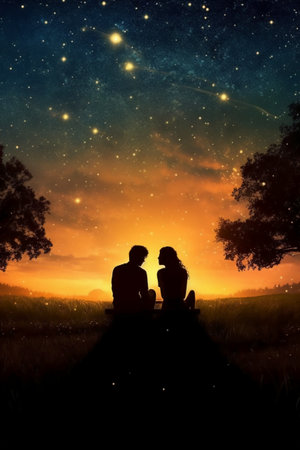 Silhouette of a loving couple sitting on a bench in the field and looking at the starry skyの素材