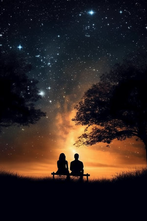 Silhouette of a couple sitting on a bench under the starry skyの素材