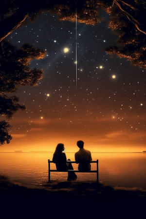Romantic couple sitting on a bench by the lake looking at the starry skyの素材