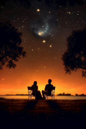 Silhouette of couple sitting on chairs and watching the starry skyの素材