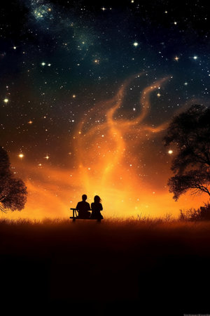 Silhouette of a man and a woman sitting on a bench under a starry skyの素材