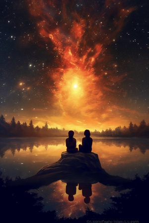 Fantasy scene with couple sitting on a rock by the lake.の素材