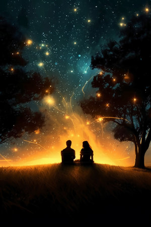 Silhouette of man and woman sitting on grass under starry skyの素材