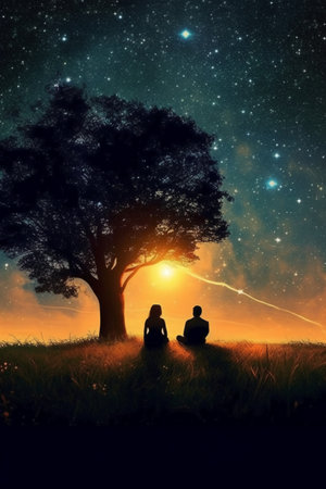 Man and woman sitting under a tree in the meadow at nightの素材