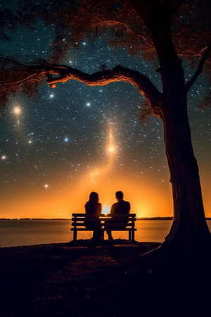 Silhouette of couple sitting on bench under the starry sky.の素材