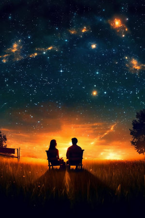 Man and woman sitting on bench at night with starry sky.の素材
