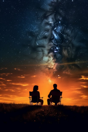 Silhouette of a man and a woman sitting on a chair against the background of the starry skyの素材