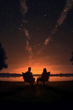 Young couple sitting on chairs and looking at the starry sky.の素材
