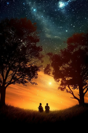 Silhouette of a man and a woman sitting under a starry skyの素材