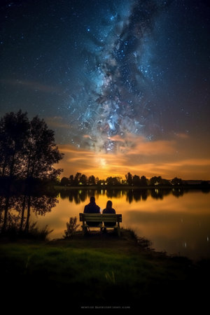 Man and woman sitting on a bench by the lake watching the milky wayの素材