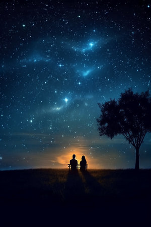 Silhouette of a couple sitting on a bench under the starry skyの素材