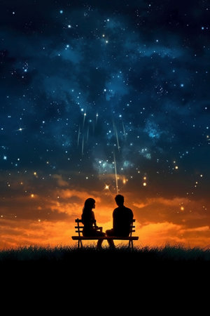 Silhouette of a man and woman sitting on a bench in the night skyの素材