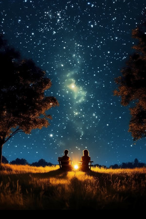 Silhouette of a man sitting in a wheelchair on the background of the starry sky and the Milky Way.の素材