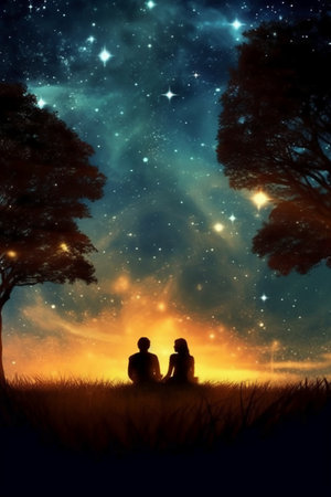 Silhouette of a loving couple sitting on the grass under the starry skyの素材