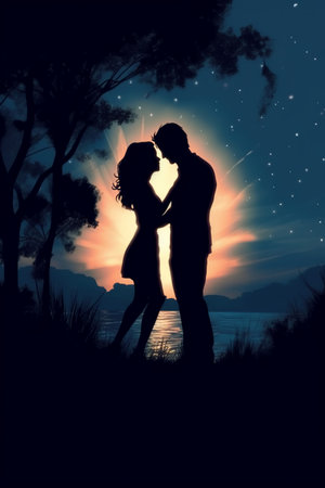 silhouette of a loving couple against the background of the night skyの素材