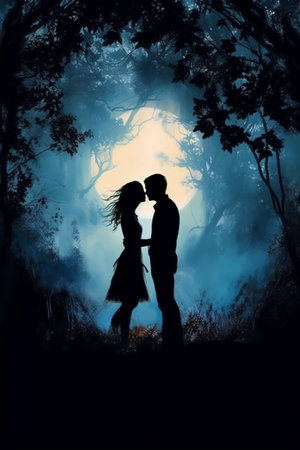 Silhouette of a loving couple kissing in the forest at nightの素材