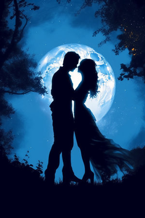 Silhouette of a loving couple in front of the full moonの素材