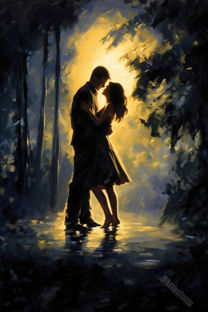 Digital painting of a romantic couple in love embracing each other by the lakeの素材