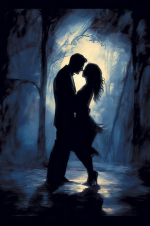 Beautiful couple in love dancing in a cave. Digital painting.の素材