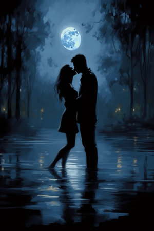 Illustration of a romantic couple in the moonlight in the forestの素材