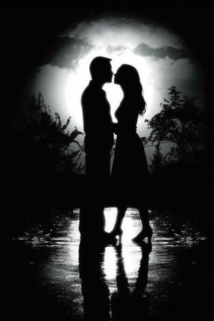 silhouette of a man and woman in love on a dark backgroundの素材