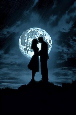 Silhouette of a loving couple on the background of the moonの素材
