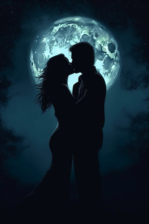 Silhouette of kissing couple in front of the full moon.の素材
