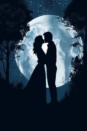 Silhouette of bride and groom on the background of the moonの素材