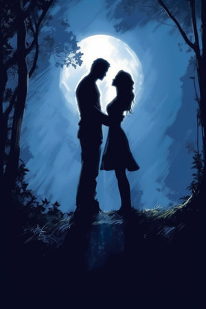 A silhouette of a man and a woman in the forest at nightの素材
