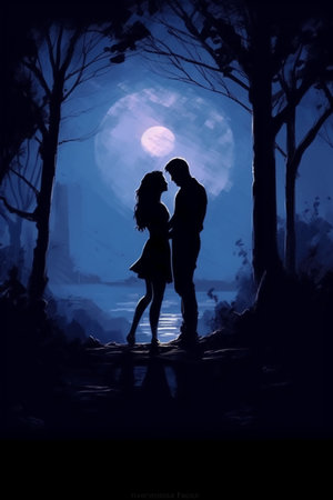 Romantic silhouette of a loving couple in the forest at night.の素材