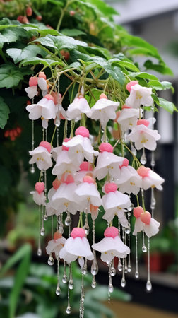 Beautiful flowers in the garden with raindrops hanging from the ceilingの素材