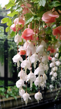 Beautiful pink and white fuchsia flowers with rain drops in a gardenの素材