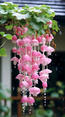 pink and white flowers hanging on a tree branch in the rainの素材