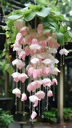 pink and white artificial flowers hanging from the ceiling in the gardenの素材