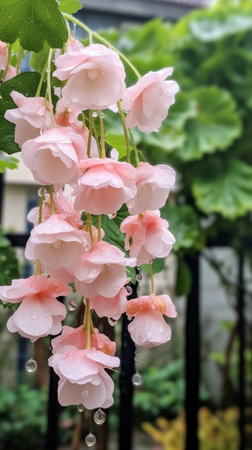 Beautiful pink begonia flowers with water drops in the garden.の素材