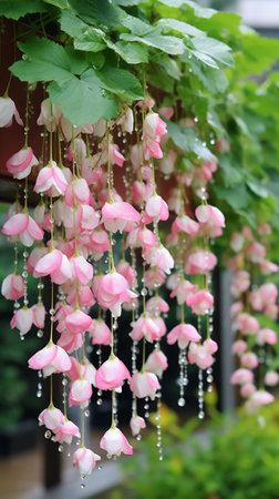 Beautiful pink flowers with rain drops hanging from the ceiling in the gardenの素材