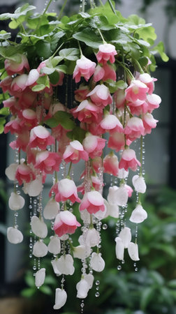 pink and white artificial flowers hanging in the garden, stock photoの素材