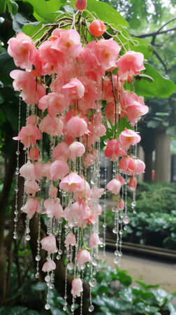 Hanging pink flowers in the garden. Beautiful background with flowers.の素材